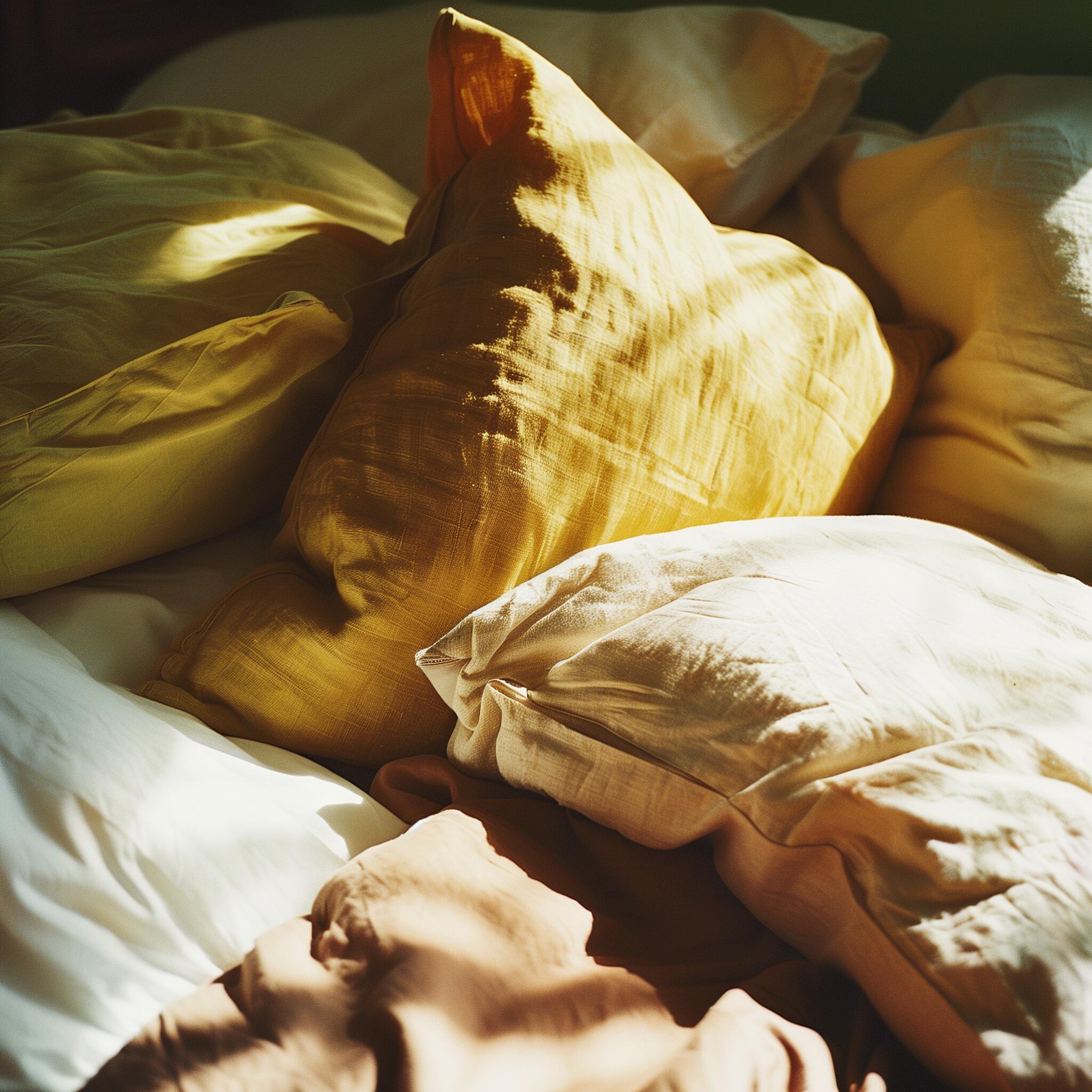 Natural linen pillows arranged on unmade bed with soft morning light
Organic cotton bedding in neutral beige tones with textured pillows